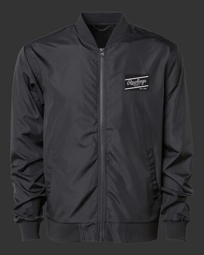 A black Rawlings lightweight bomber jacket with a black/silver Rawlings patch logo on the chest - SKU: RSGBJ-B