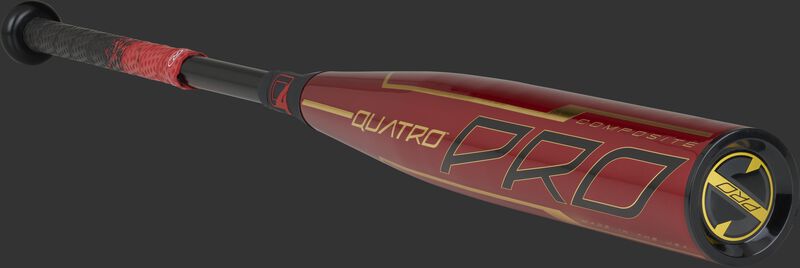 3/4 angle view of a BBZQ3 Rawlings High School/College -3 Quatro Pro with a red barrel and black/gold end cap