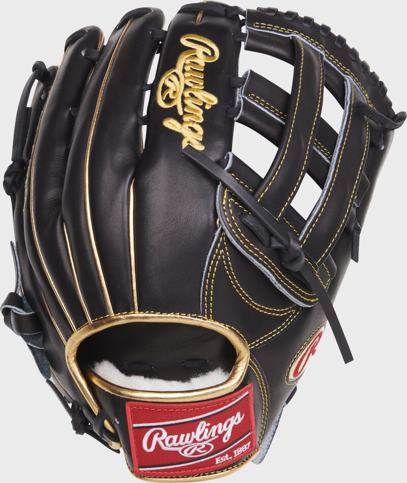Back of a black Pro Preferred Corey Dickerson H web outfield glove with a red Rawlings patch - SKU: RSGRPROS3039-6CD