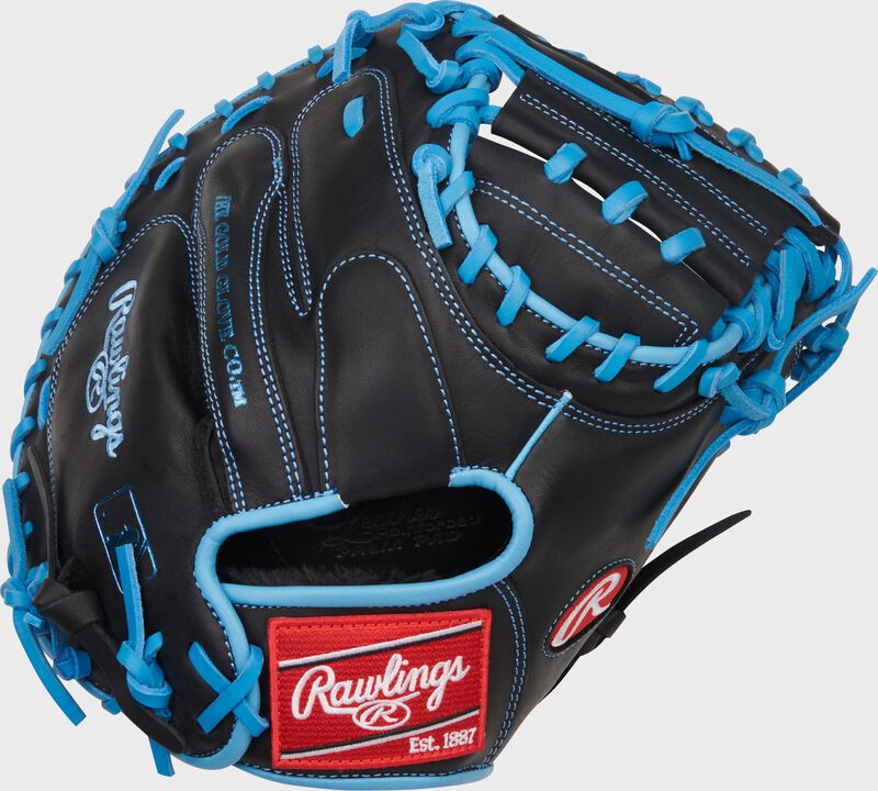Black back of a R9 Series 32.5-Inch Catcher's Mitt with a red Rawlings patch