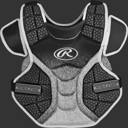 Front of a black/white SBCPV Velo adult softball chest protector