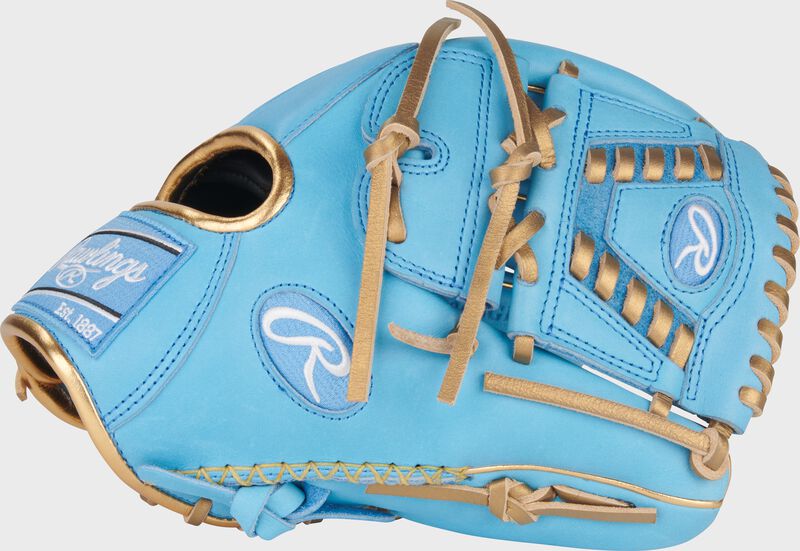 Columbia blue thumb of an exclusive Heart of the Hide 11.75" infield/pitcher's glove with a laced 2-piece solid web