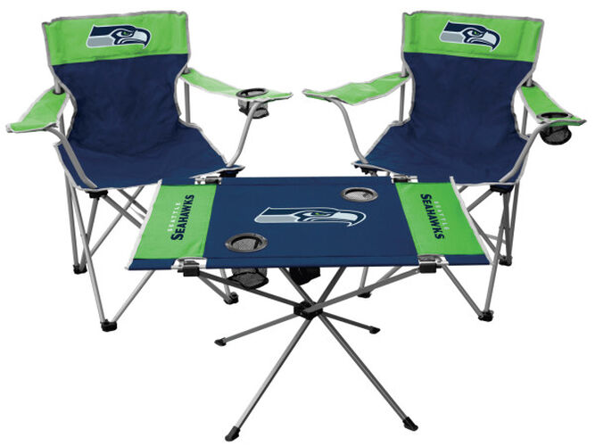 Front of Rawlings Bright Green and Blue NFL Seattle Seahawks 3-Piece Tailgate Kit With Two Kickoff Chairs, An Endzone Table, And A Transport Bag With Team Logo SKU #01041085511