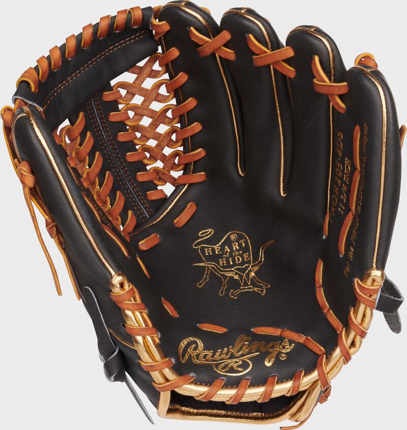 Dark Shadow palm of a Rawlings Heart of the Hide glove with gold stamping and tan laces