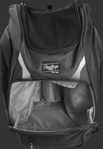A gray Legion gear backpack with the main compartment open - SKU: LEGION-GR