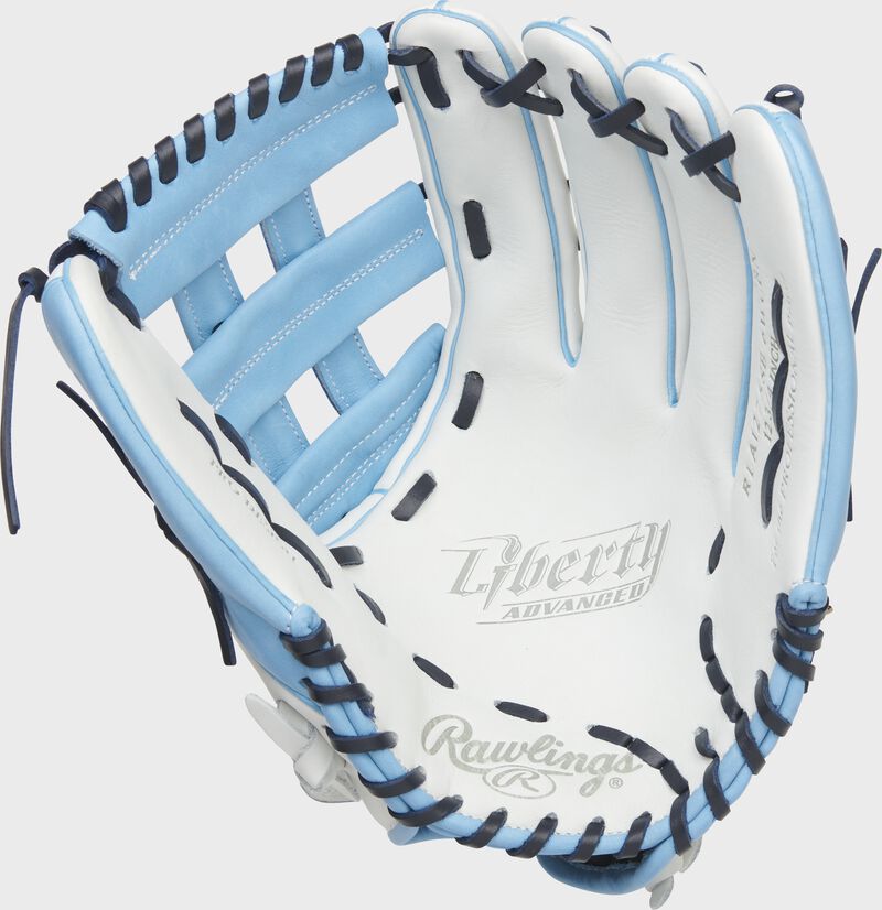 White palm of a Rawlings Liberty Advanced outfield glove with navy laces - SKU: RLA1275SB-6WCBN