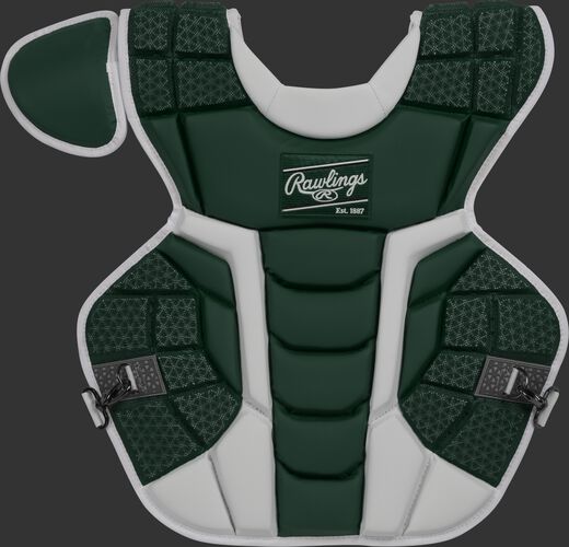 Front of a dark green CPMCN Rawlings Mach chest protector with Arc Reactor Core