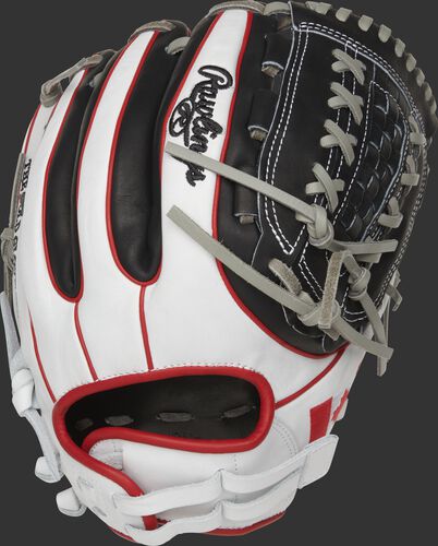 Back of a white/black PRO716SB-18CAN Heart of the Hide 12-Inch Canada softball glove with scarlet double-welting