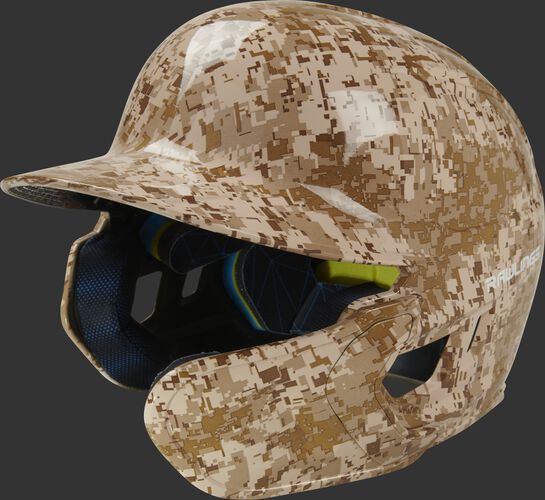 Front left of a MACHEXTR-DCMO Mach EXT digi camo hydro dipped helmet with a MEXT attached for a right-handed batter