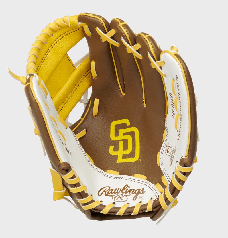 A brown/white Rawlings San Diego Padres youth glove with the Padres logo stamped in the palm - SKU: 22000019111 loading=