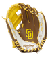 A brown/white Rawlings San Diego Padres youth glove with the Padres logo stamped in the palm - SKU: 22000019111 image number null