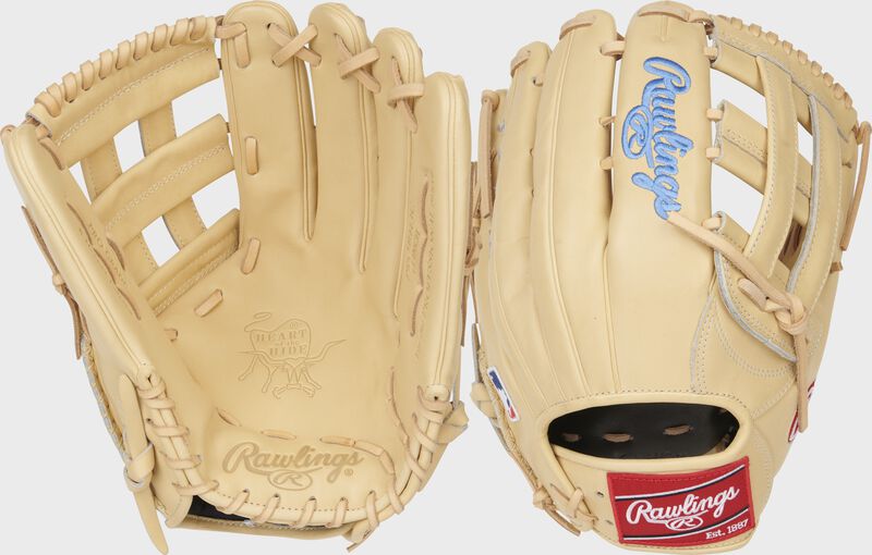 Back & palm view of a camel Bryce Harper Heart of the Hide 13" outfield glove - SKU: PROBH3C