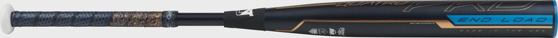 FPPE9 Rawlings end-loaded Quatro Pro fastpitch bat with a navy barrel and navy/rose gold Lizard Skins grip