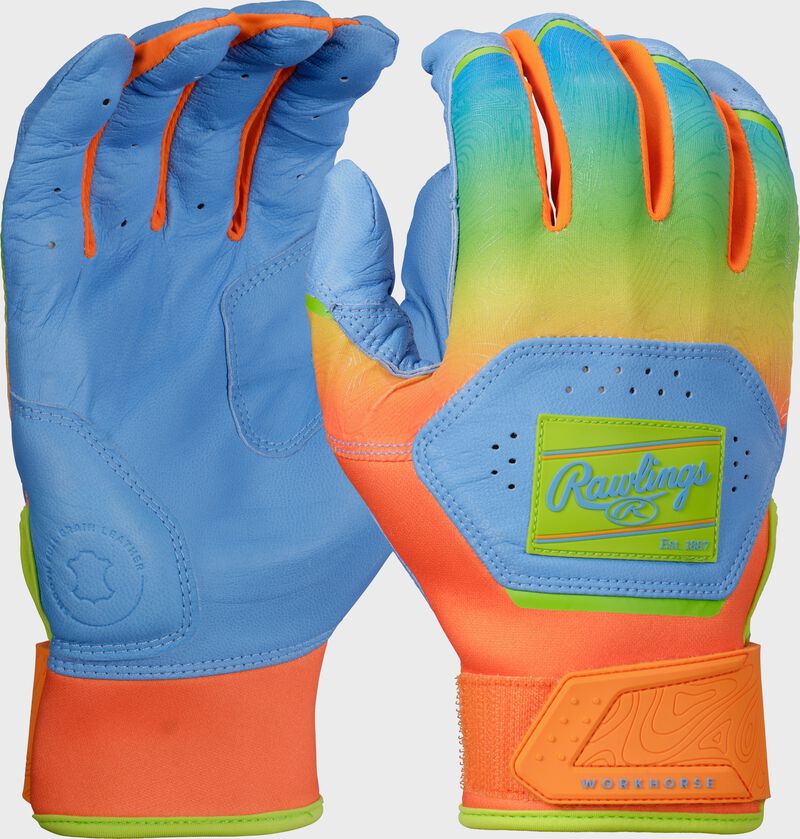 Rawlings Workhorse Fun Burst Batting Gloves, Columbia Blue/Orange, Youth S loading=