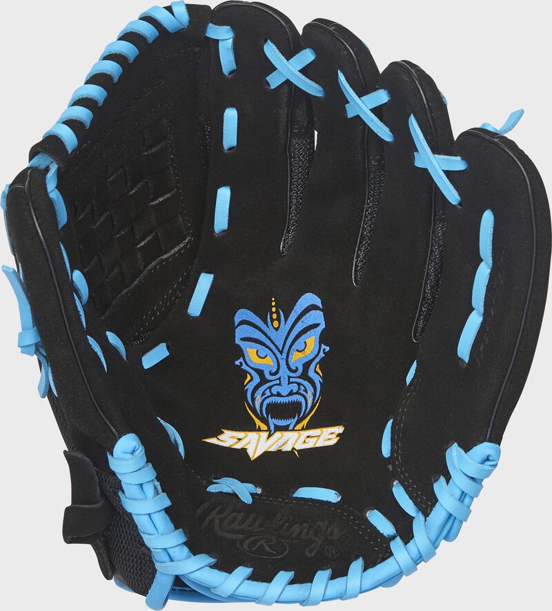 Black palm of a Rawlings Savage t-ball glove with blue laces - SKU: ACAS10NB