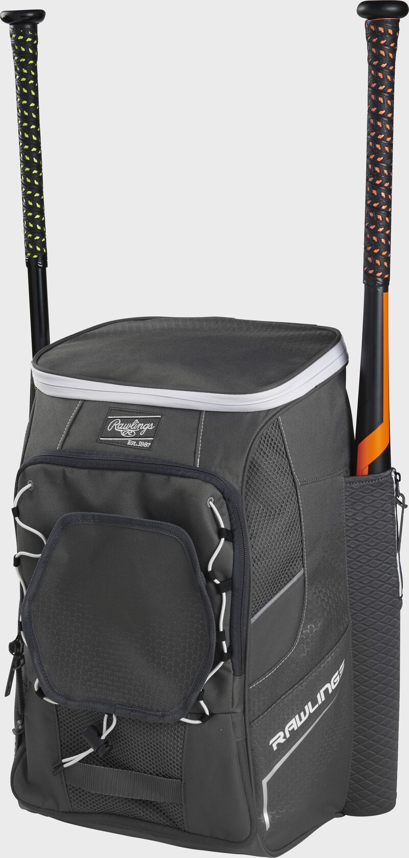 Front right angle view of a graphite Impulse backpack with two bats in the side sleeves - SKU: IMPLSE-GR