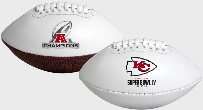 Two 2021 Kansas City Chiefs AFC Champions youth size footballs with the Chiefs logo on one side and AFC Champions logo on the other image number null