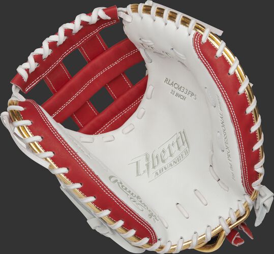 RLACM33FPS Rawlings Liberty Advanced Color Series catcher's mitt with a white palm, scarlet web and white laces