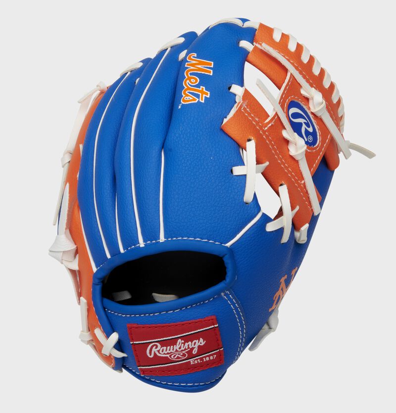 Back of a blue/orange New York Mets 10-Inch I-web glove with a red Rawlings patch - SKU: 22000017111