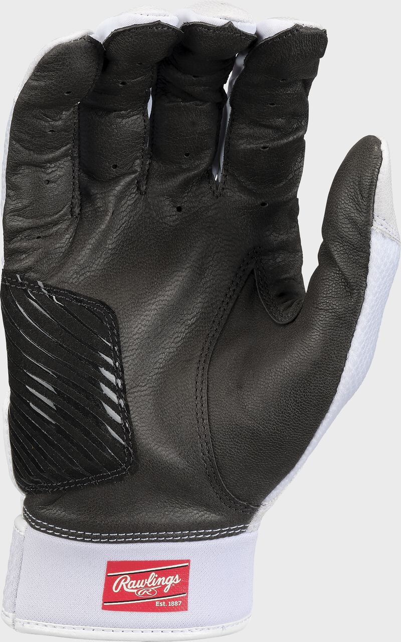 Black leather palm of a white Rawlings Workhorse OKC fastpitch batting glove - SU: WHOKCFPBG-WH
