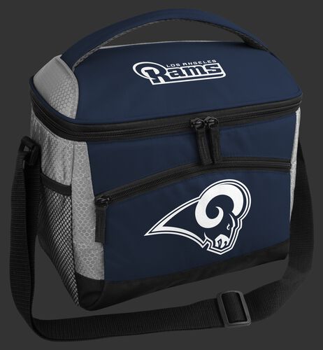 A blue Las Angeles Rams 12 can soft sided cooler with a team logo on the front - SKU: 10111073111