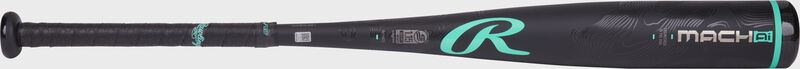 Side image of a black Rawlings Mach AI -5 USSSA bat with a mint "R" logo above the handle
