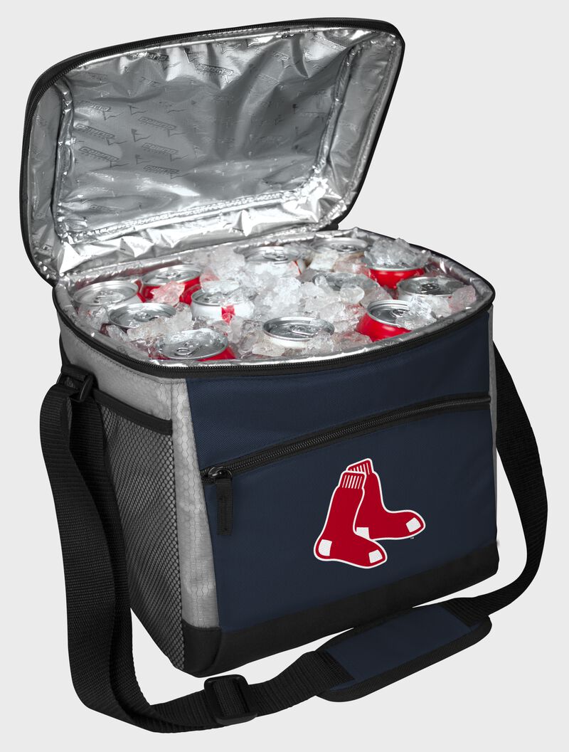 An open Boston Red Sox 24 can cooler with ice and drinks