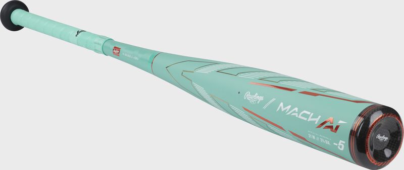 Front angle view of a mint Mach AI USSSA bat with a black end cap - SKU: RUT4MC