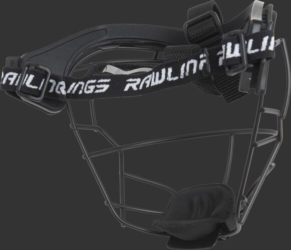Back and Side of Rawlings Black Softball Fielders Mask With Brand Name Strap SKU #RSBFMJ-B