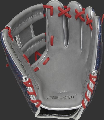 Gray palm of a Rawlings REV1X 11.5-Inch infield glove with scarlet laces - SKU: REV204-2X