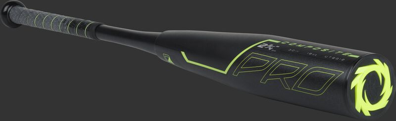 3/4 angle view of a UT9Q12 USSSA Quatro Pro baseball bat with a black barrel and green end cap