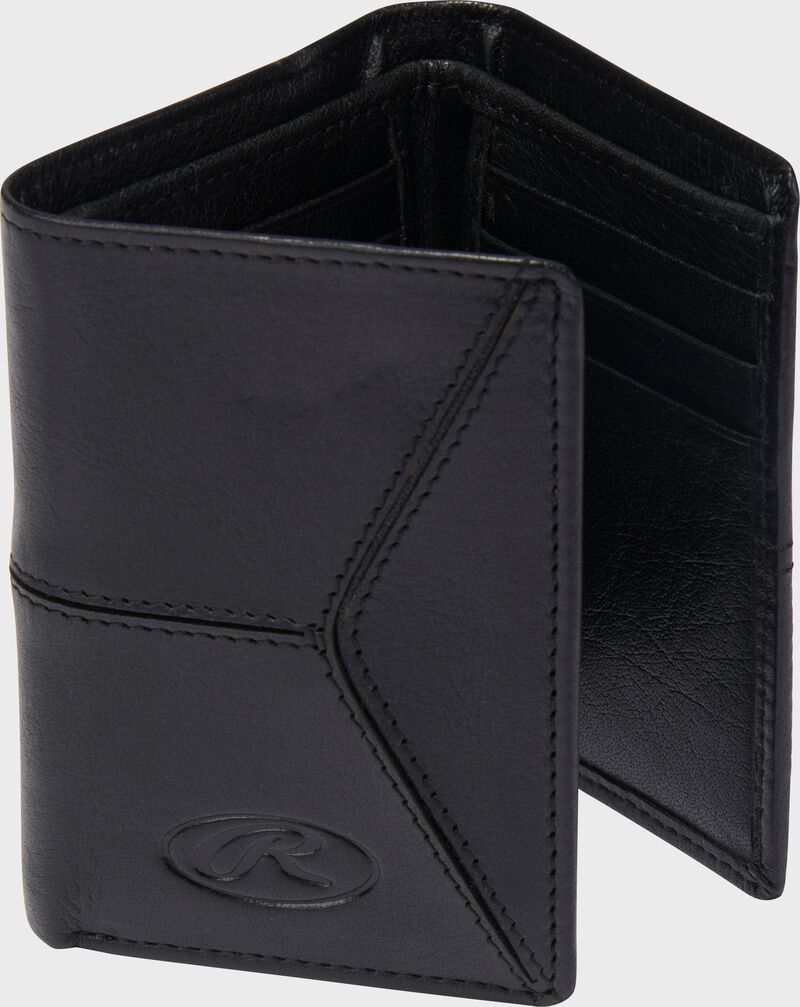A black Rawlings Home Run Tri-Fold wallet standing up while opened up