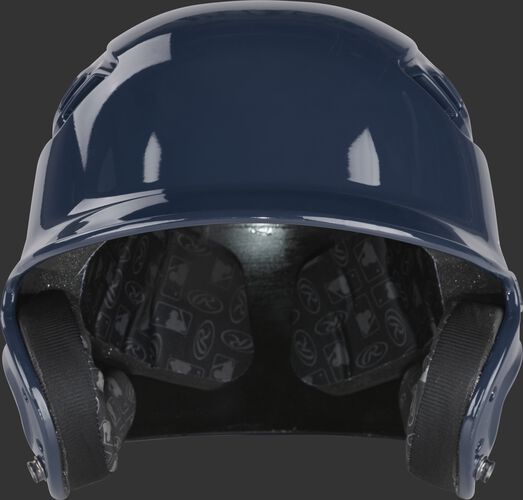 Front of a navy R1601 Rawlings Velo gloss batting helmet