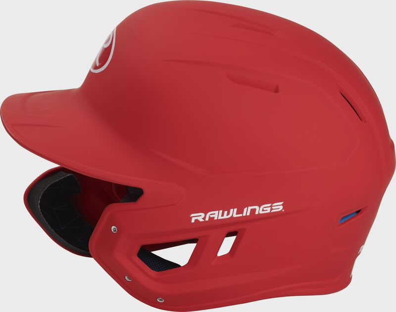 Left side of a MACHEXTL junior Rawlings batting helmet with a one-tone matte scarlet shell loading=
