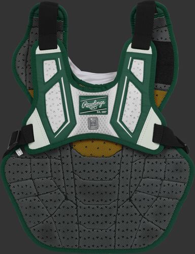 Back harness of a dark green/white CPV2N adult Velo 2.0 chest protector with Dynamic Fit System 2.0