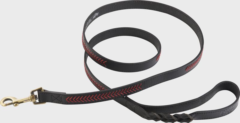 Overhead view of Rawlings Baseball Stitch Premium Leather Dog Leash - Black