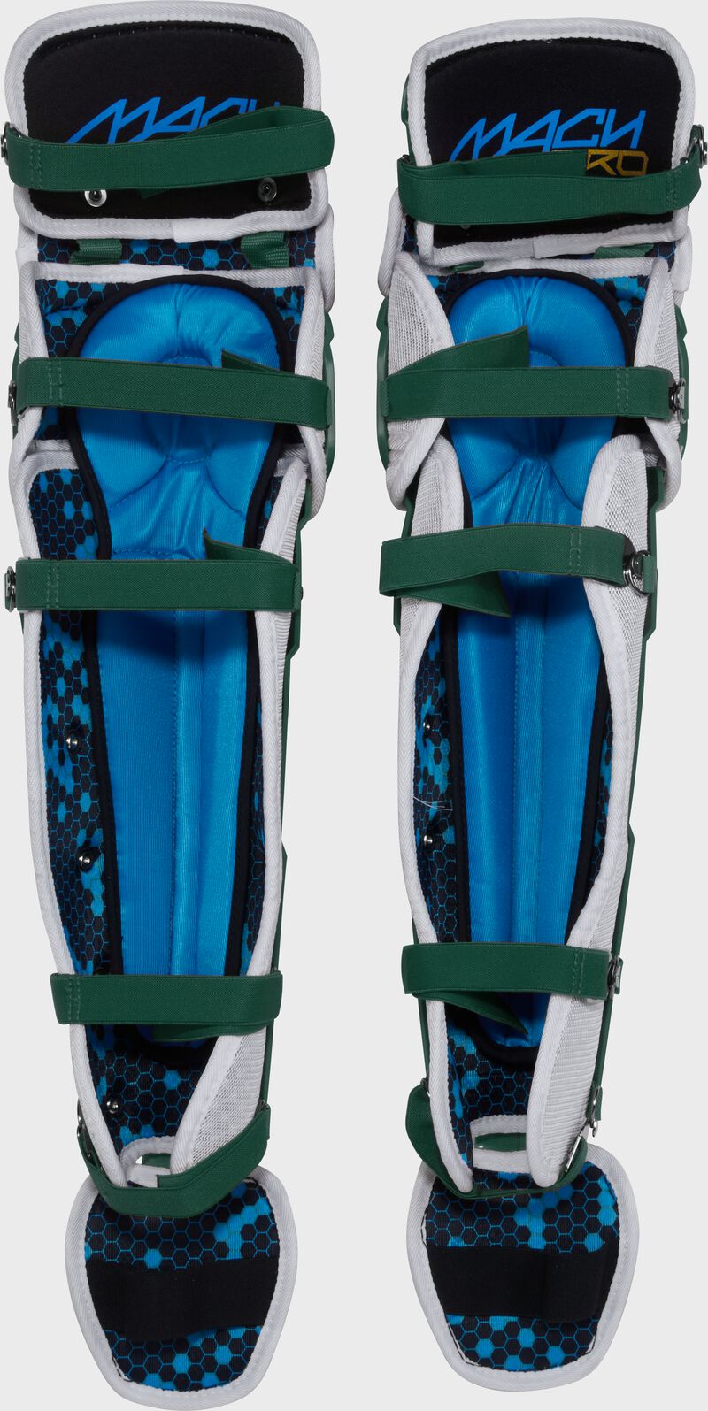 Padding of a set of dark green Rawlings Mach Pro Series leg guards with the leg straps connected loading=