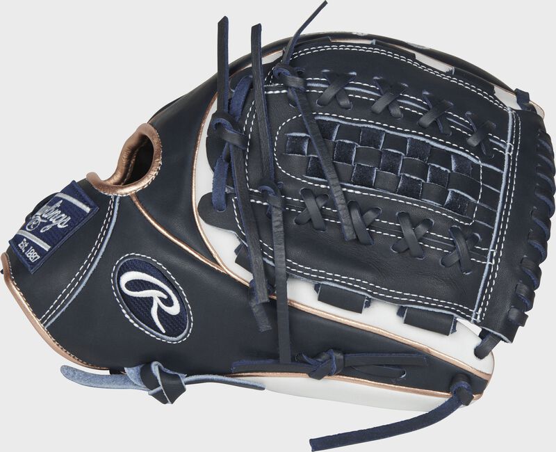 Thumb view of a navy/white Heart of the Hide 12-inch infield/pitcher's softball glove with a navy Double-Laced Basket Web loading=