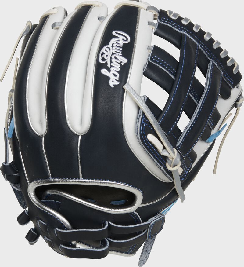 Navy/white back of a Heart of the Hide 11.75" fastpitch H-web infield glove with a Pull strap back - SKU: PRO715SB-6N