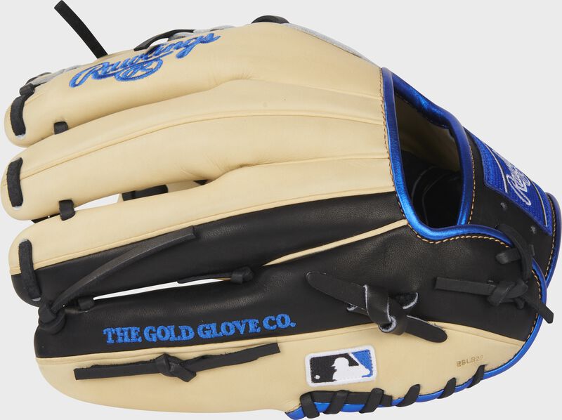 Camel/black back of a Rawlings HOH 11.5" infield glove with the MLB logo on the pinky - SKU: PRONP4-2CR
