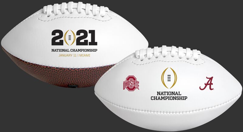Two 2021 College Football National Championship dueling footballs with the CFP logo on one side and Alabama and Ohio State logos on the other