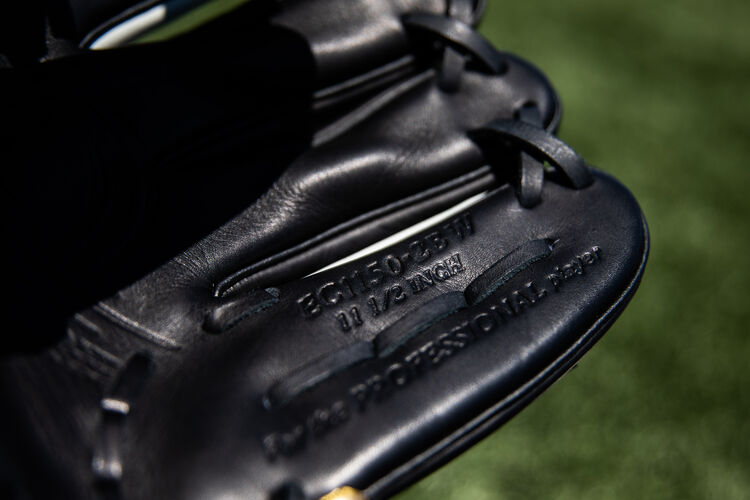Black pinkie on a Rawlings Encore glove with a field in the background - SKU: EC1150-2BW