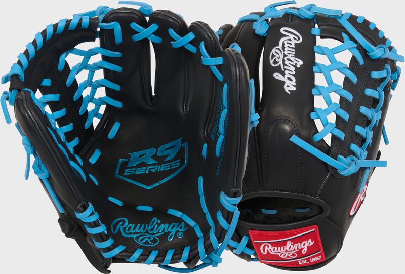 Two images showing the palm & back of a black/Columbia blue Rawlings R9 ContoUR 11.5-Inch Baseball Glove