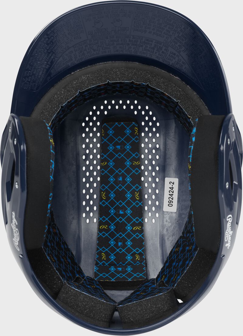 Inside padding of a navy Rawlings RX2 gloss baseball batting helmet