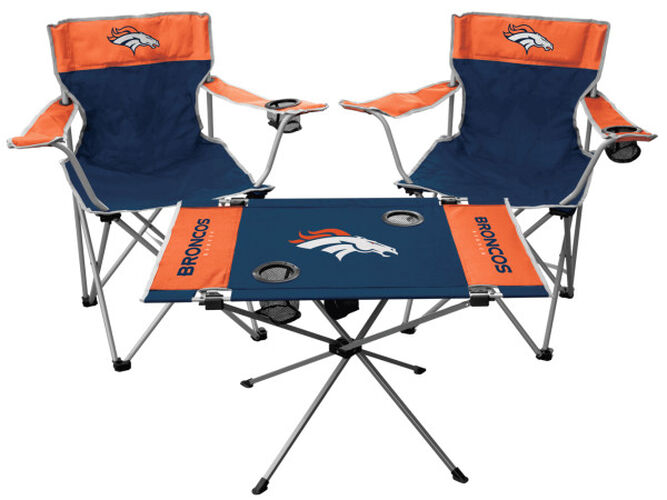 Front of Rawlings Navy and Orange NFL Denver Broncos 3-Piece Tailgate Kit With Two Kickoff Chairs, An Endzone Table, And A Transport Bag With Team Logo SKU #01041066511
