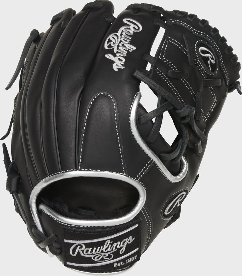 Back of a black 11.75-Inch Encore 1-piece solid web glove with a black Rawlings patch - SKU: EC1175-8B