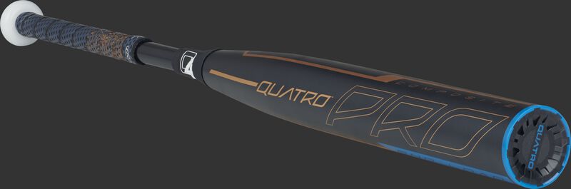 3/4 view of a FPPE9 Quatro Pro end-load fastpitch bat with a navy barrel and rose gold accents