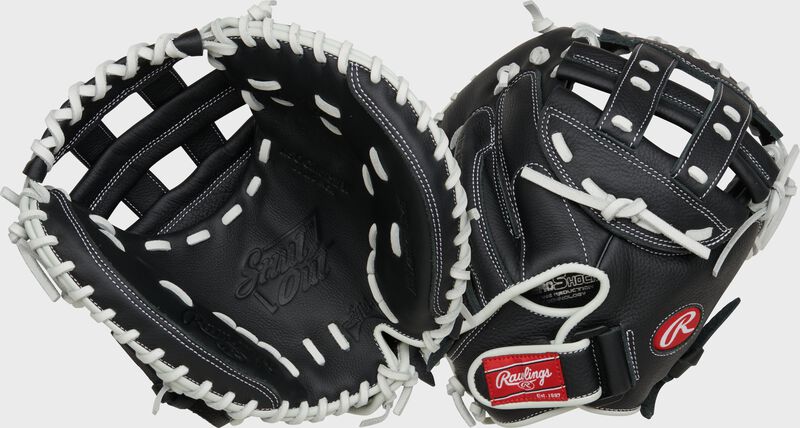 2 views showing the palm/back of a Shut Out 31.5" fastpitch catcher's mitt - SKU: RSOCM315BW