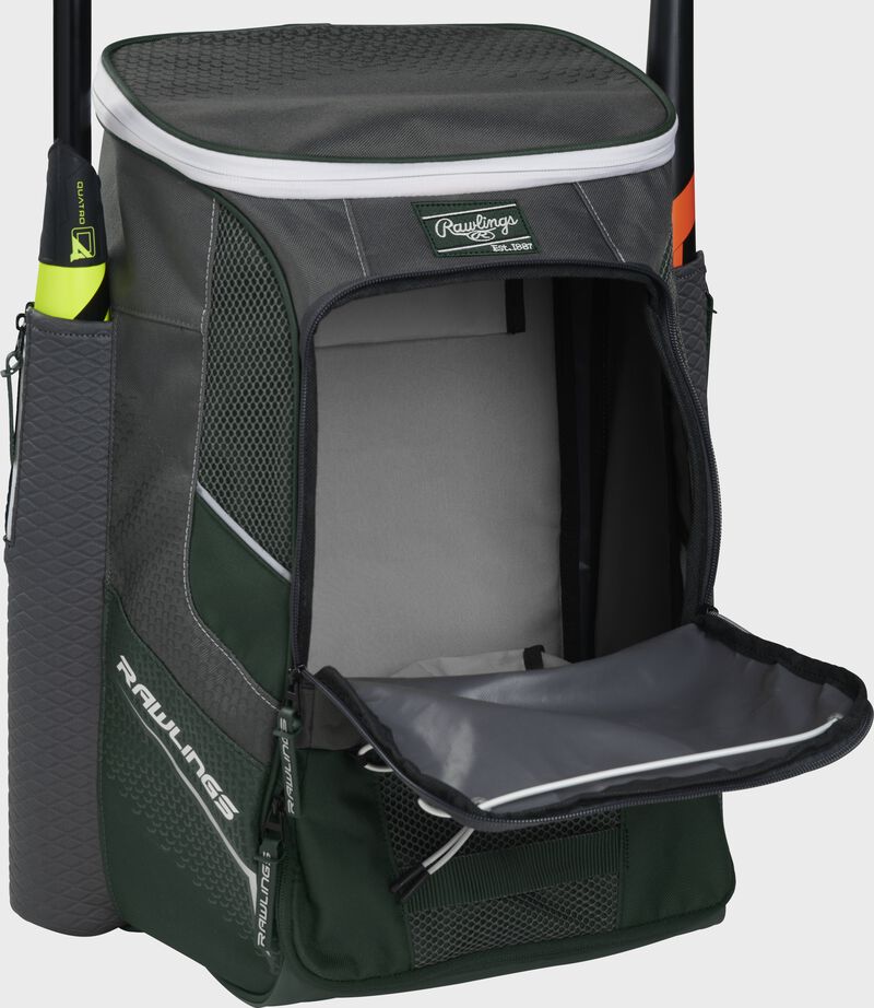 Front of a dark green Rawlings Impulse backpack with the main compartment open - SKU: IMPLSE-DG loading=