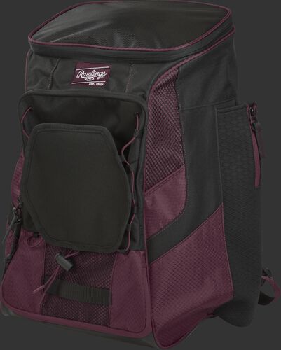 Front left of a maroon/black R600 Rawlings backpack without bats